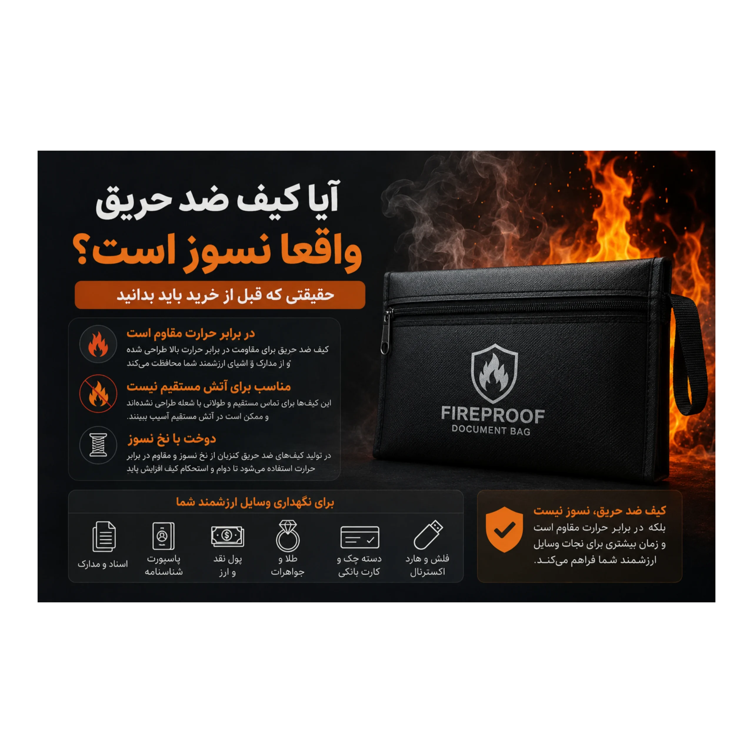 کیف ضد حریق کنزبان مقاوم در برابر حرارت با دوخت نخ نسوز، مناسب برای نگهداری اسناد، مدارک، پول و طلا در شرایط آتش‌سوزی